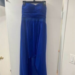 High-low, blue strapless formal dress